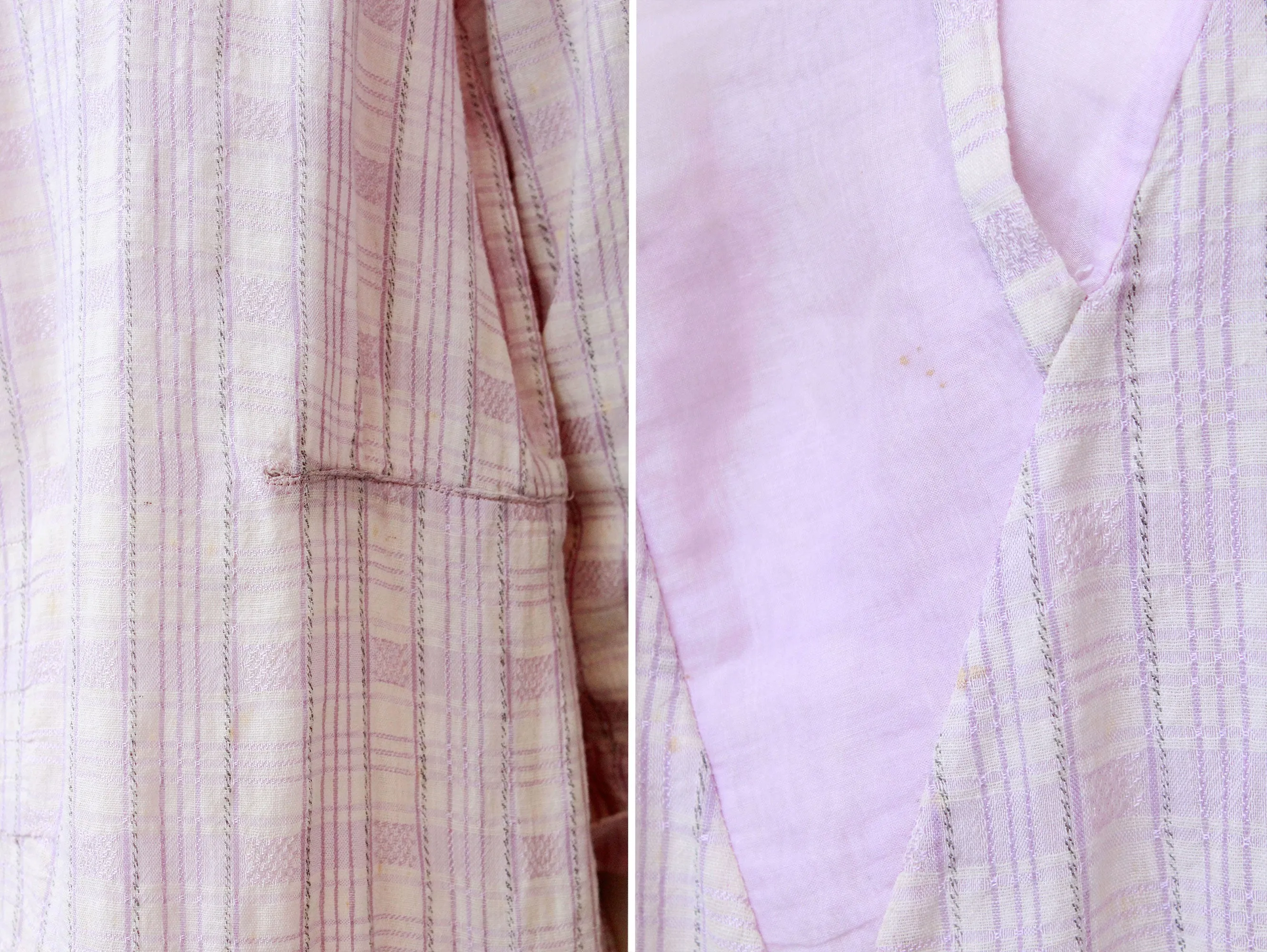 1920s Lavender Check Weave Dress, V -Neck Collar Summer Day Dress, Purple Plaid, Medium As-Is