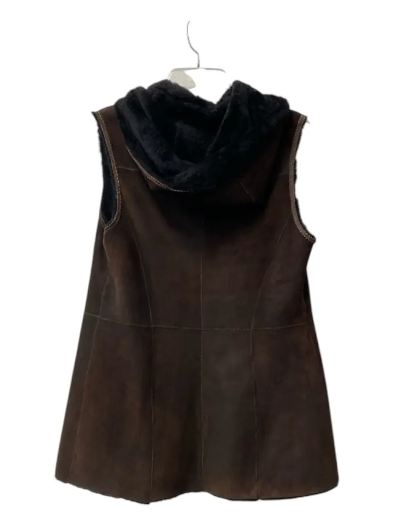 Artico Size 44 Brown & Black Leather & Shearling Hood Sleeveless Jacket