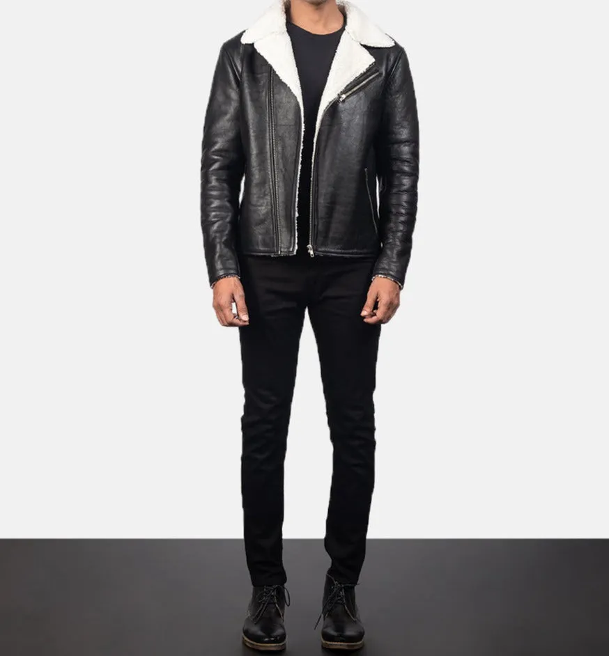 BIKER-1404 MUSH White Shearling Black Leather Jacket