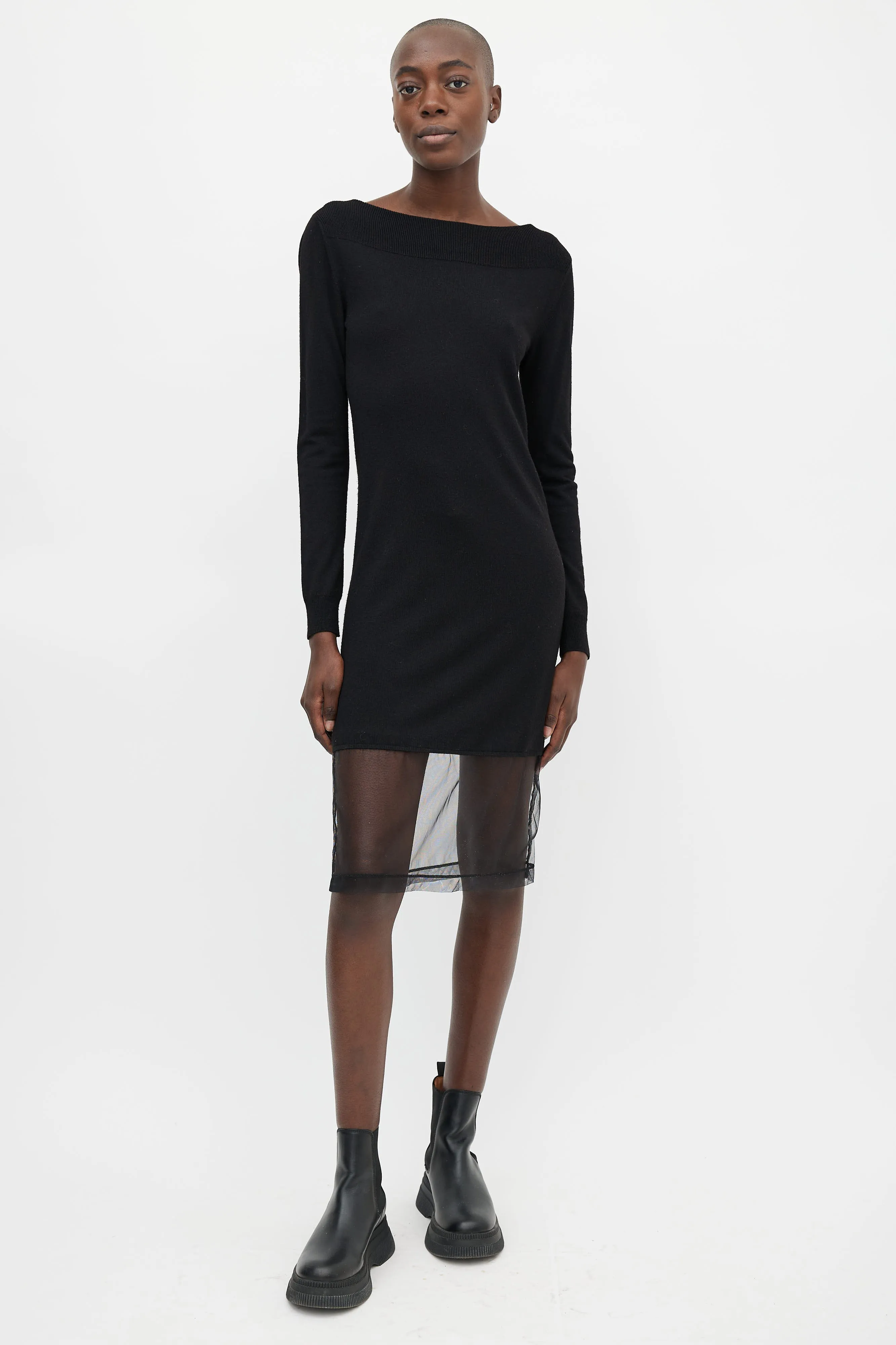 Black Knit & Silver-Tone Elbow Patch Sheer Hem Dress