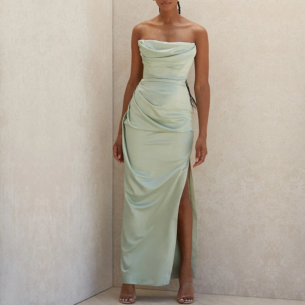 Satin Draped Tube Charming Bodycon Maxi Dress